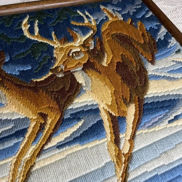 1983 Moonlight Run Needlepoint Completed Horizons Deer River Cottagecore Framed - Picture 3 of 8